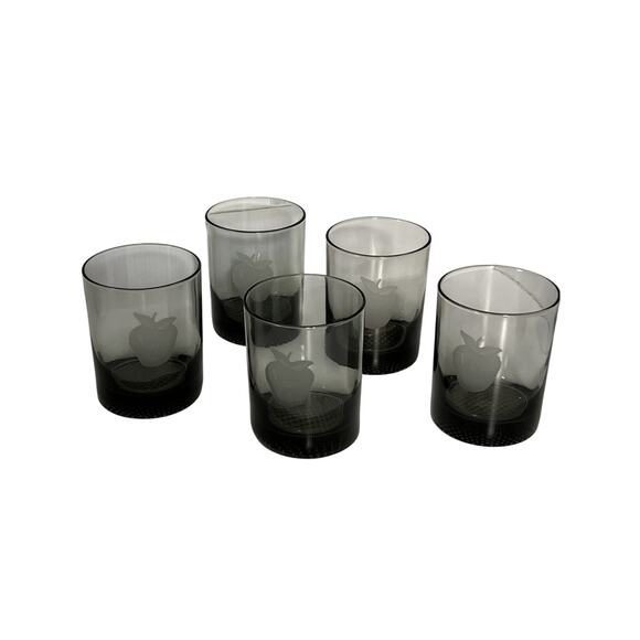 Smoke Gray Lowball Old Fashioned Etched Fruit Juice Barware Whiskey Set Of 5 - Picture 1 of 14